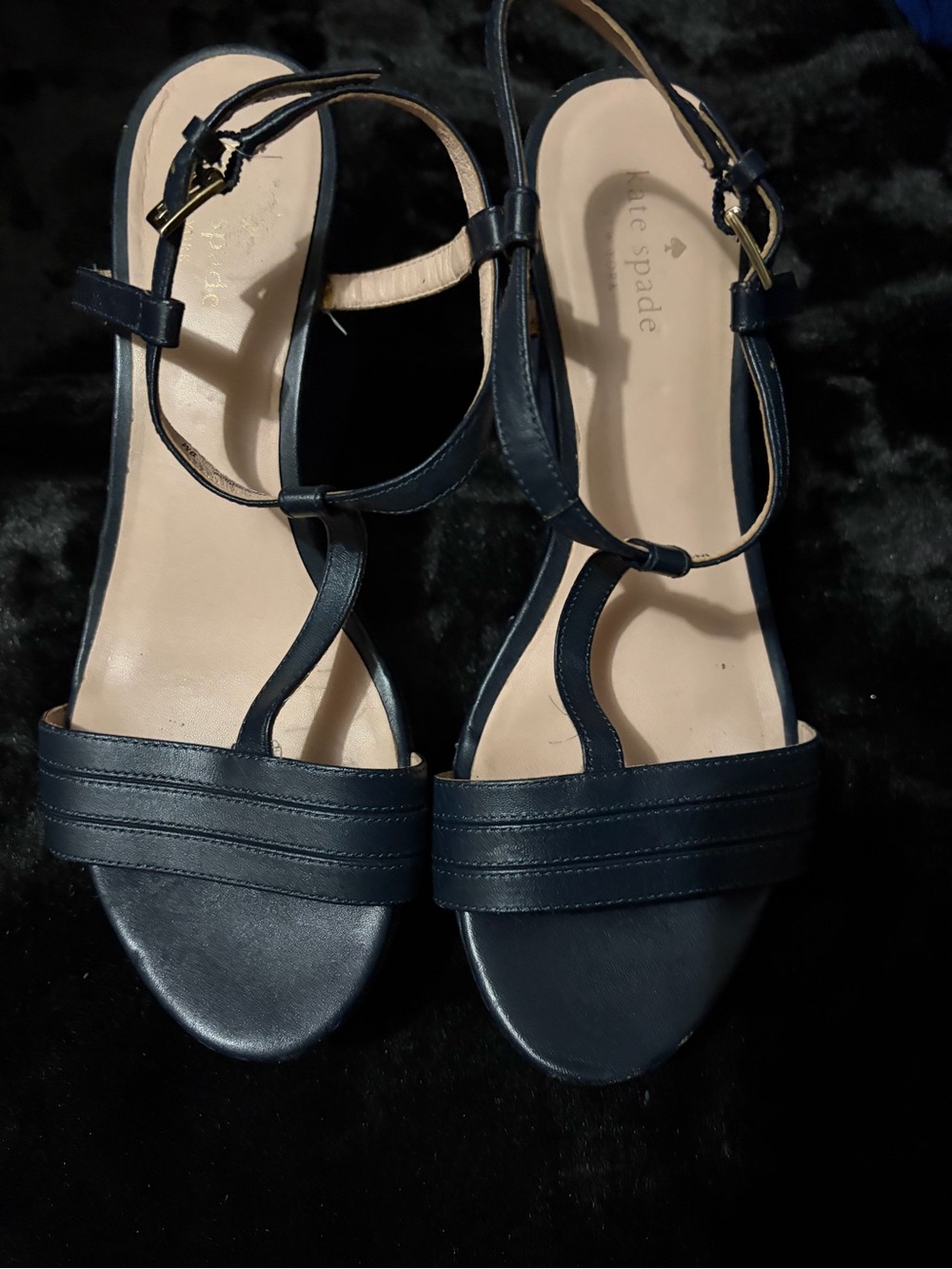kate spade Navy Leather and denim  T-Strap Wedge Sandals size 9M